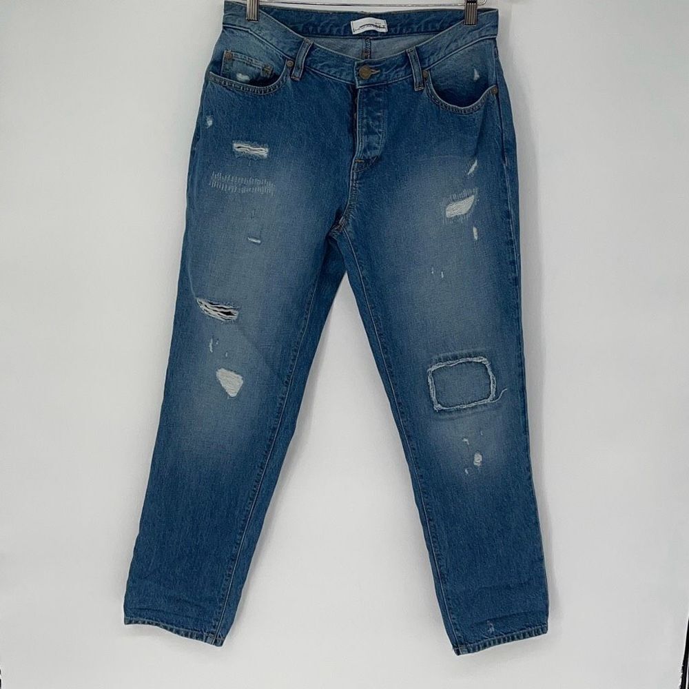 Ann Taylor LOFT Womens Mid Rise Button Fly Distressed Boyfriend Jeans Blue Sz 29